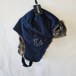 True Religion Earflap Cap Hat Faux Fur Denim Winter